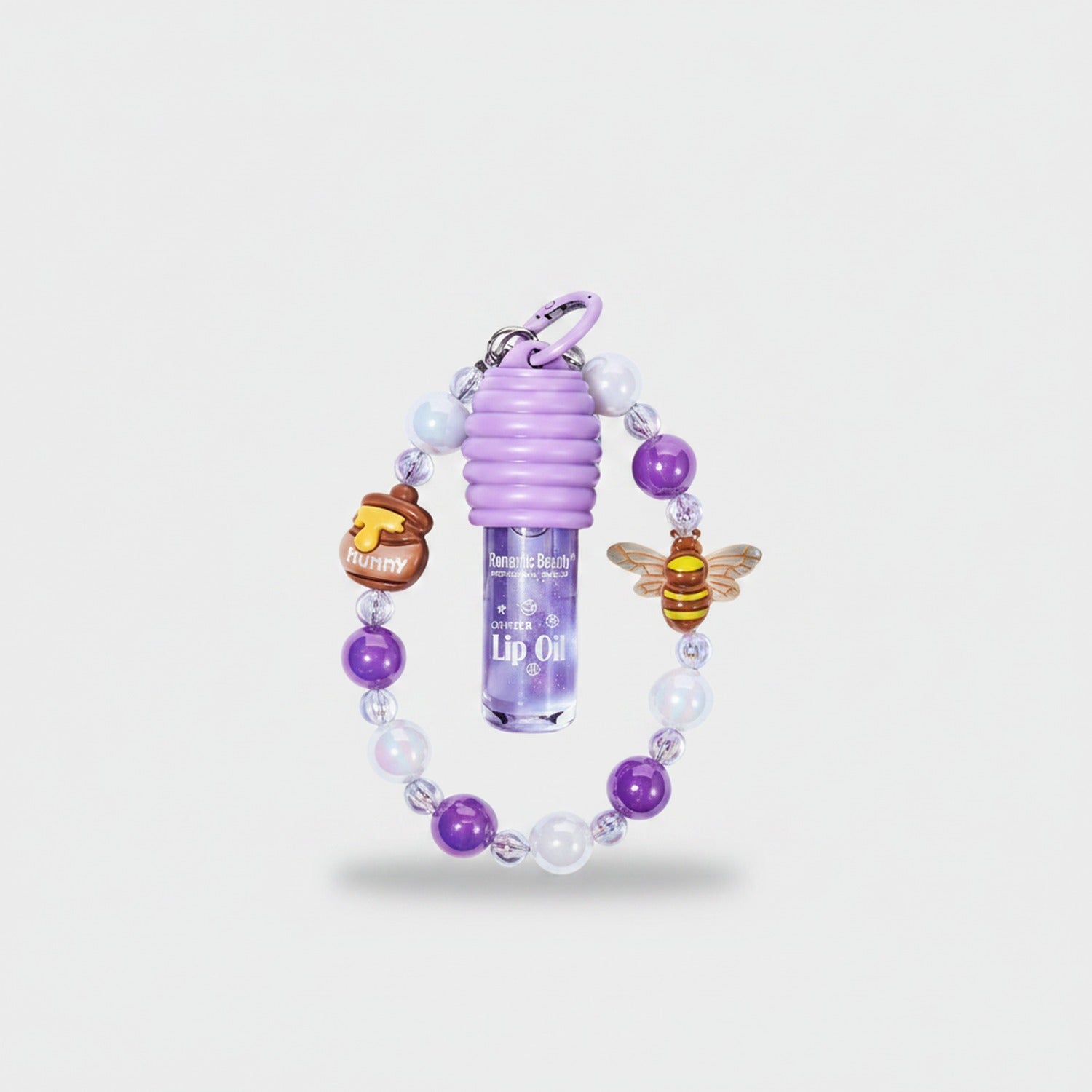 Purple Beaded Lip Oil Keychain With Bee Charm