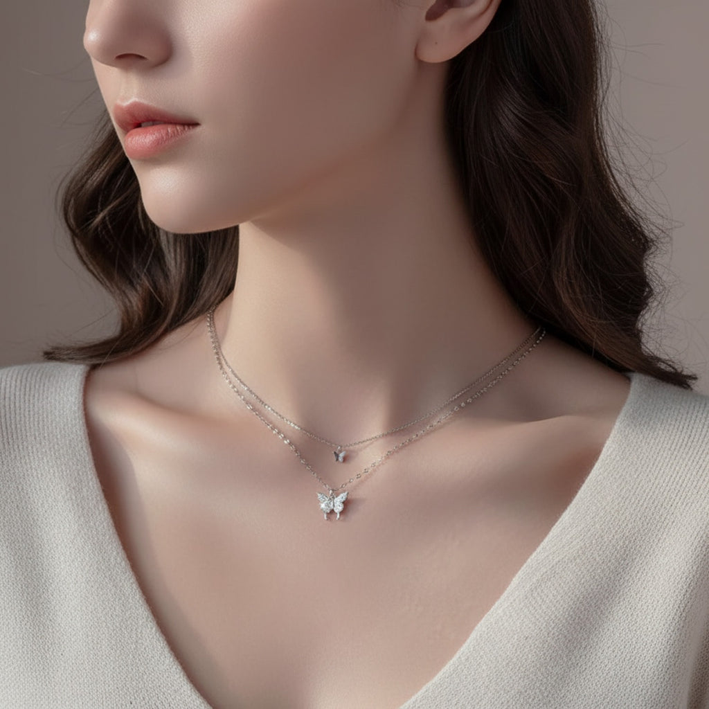Silver Butterfly Layered Chain Necklace
