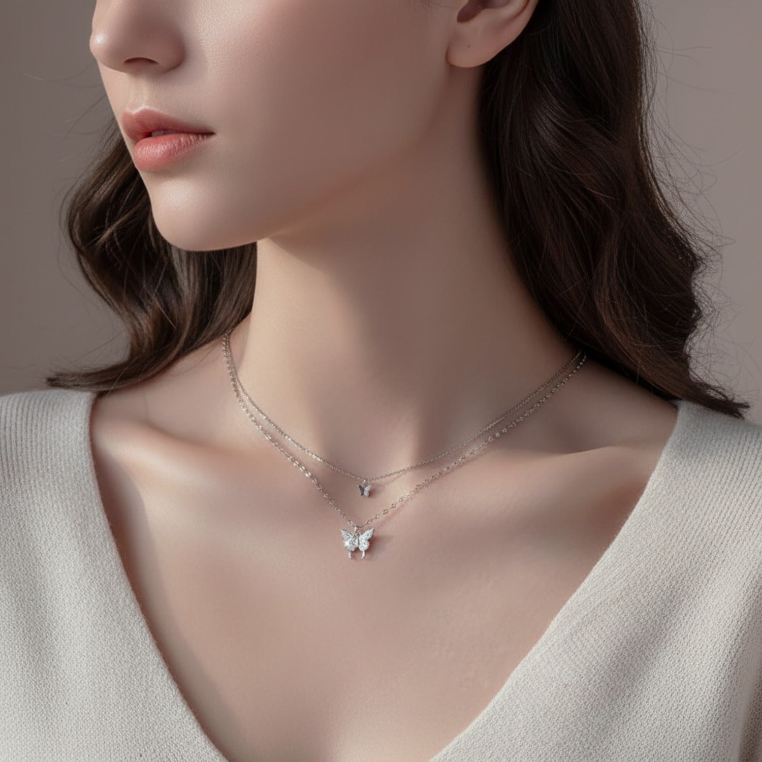 Silver Butterfly Layered Chain Necklace