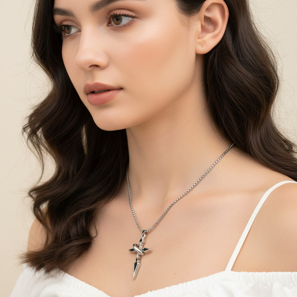 Silver Cross Pendant Necklace with Black Stone Detail