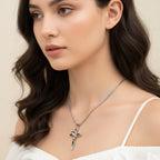 Silver Cross Pendant Necklace with Black Stone Detail