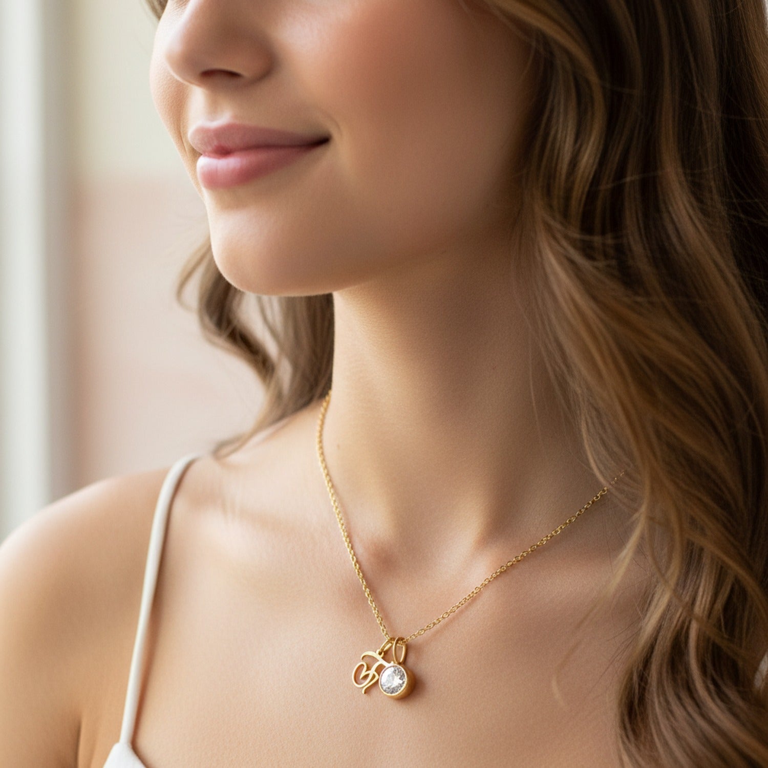 Crystal Charm Pendant Chain Necklace - Gold J