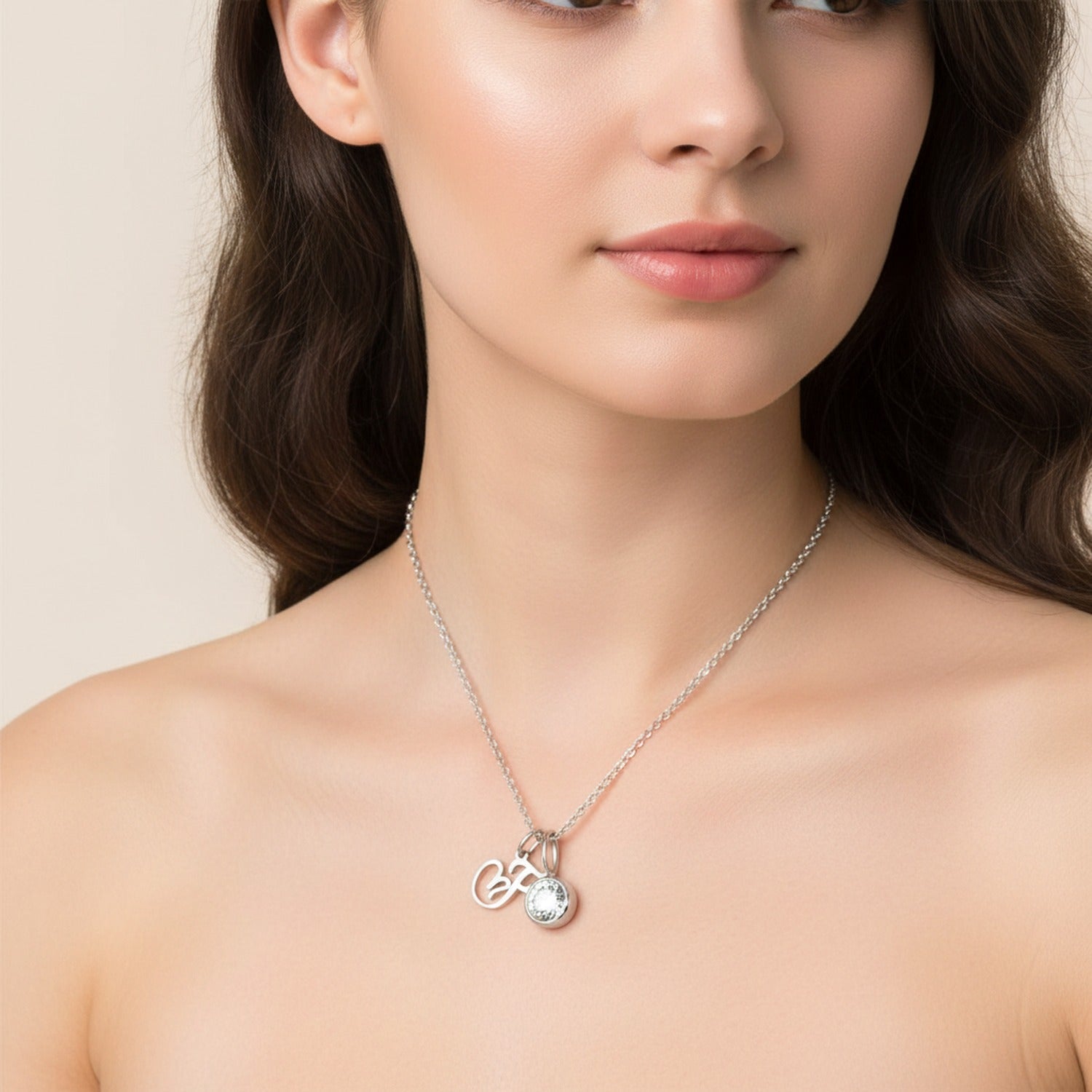 Crystal Charm Pendant Chain Necklace - Stainless Steel F – jewelry (view 3)