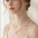 Double Strand Pearl Necklace with Rhinestone Pendant - Necklace #9 Gold Dual Layer