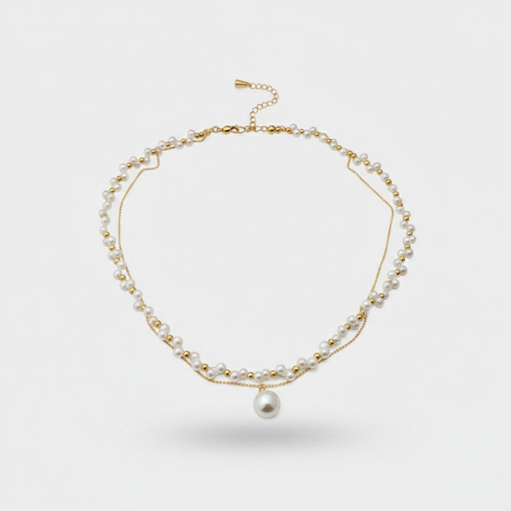 Double Strand Pearl Necklace with Rhinestone Pendant - Necklace #9 Gold Dual Layer – jewelry (view 1)