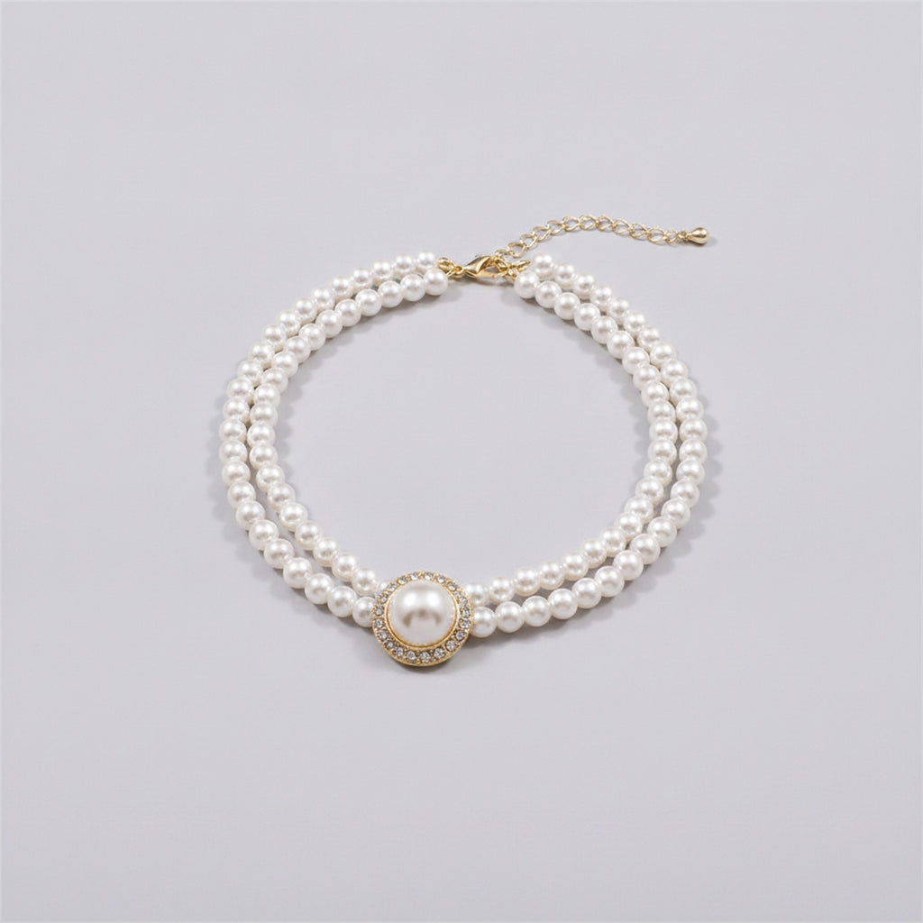 Double Strand Pearl Necklace with Rhinestone Pendant - 7# Necklace White Circle