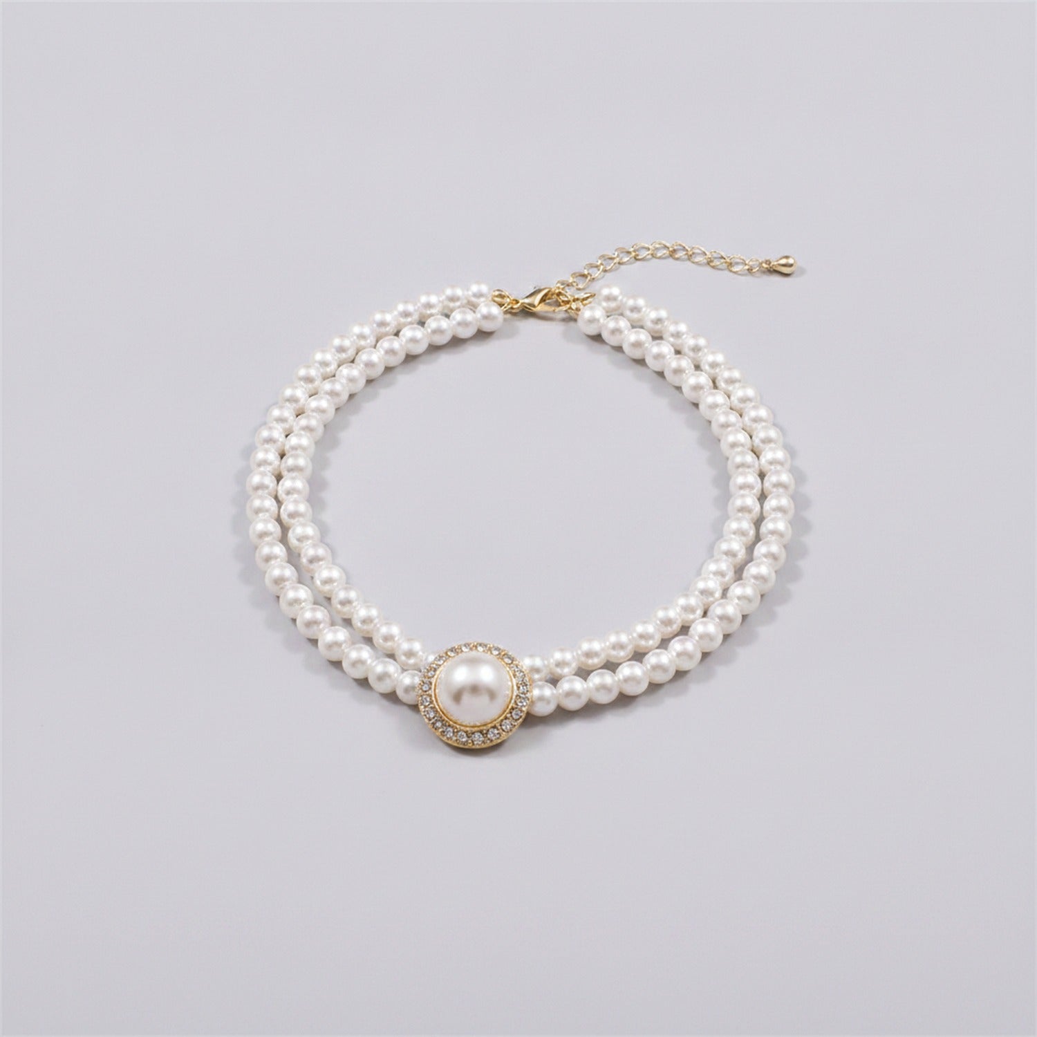 Double Strand Pearl Necklace with Rhinestone Pendant - 7# Necklace White Circle
