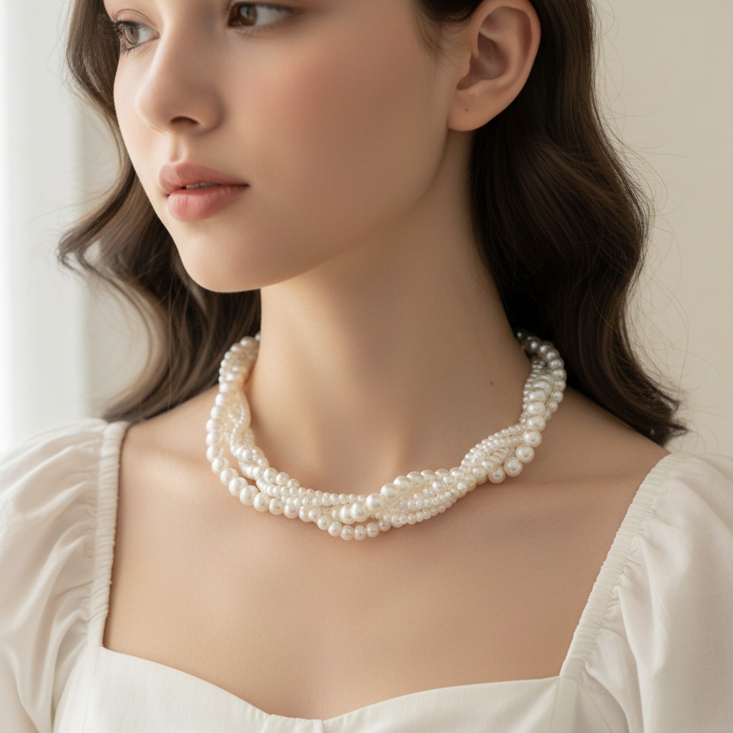 Double Strand Pearl Necklace with Rhinestone Pendant