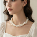 Double Strand Pearl Necklace with Rhinestone Pendant - Necklace #20 White