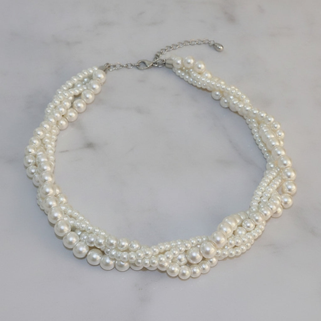 Double Strand Pearl Necklace with Rhinestone Pendant - Necklace #20 White – jewelry (view 2)