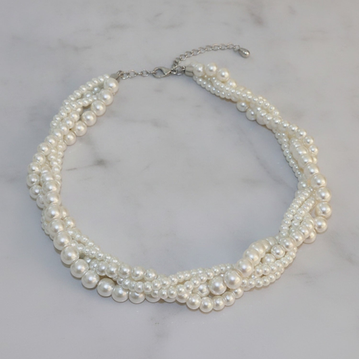 Double Strand Pearl Necklace with Rhinestone Pendant - Necklace #20 White