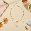 Double Strand Pearl Necklace with Rhinestone Pendant - Gold Necklace #8 (Real Gold Plating)