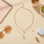 Double Strand Pearl Necklace with Rhinestone Pendant - Gold Necklace #8 (Real Gold Plating)