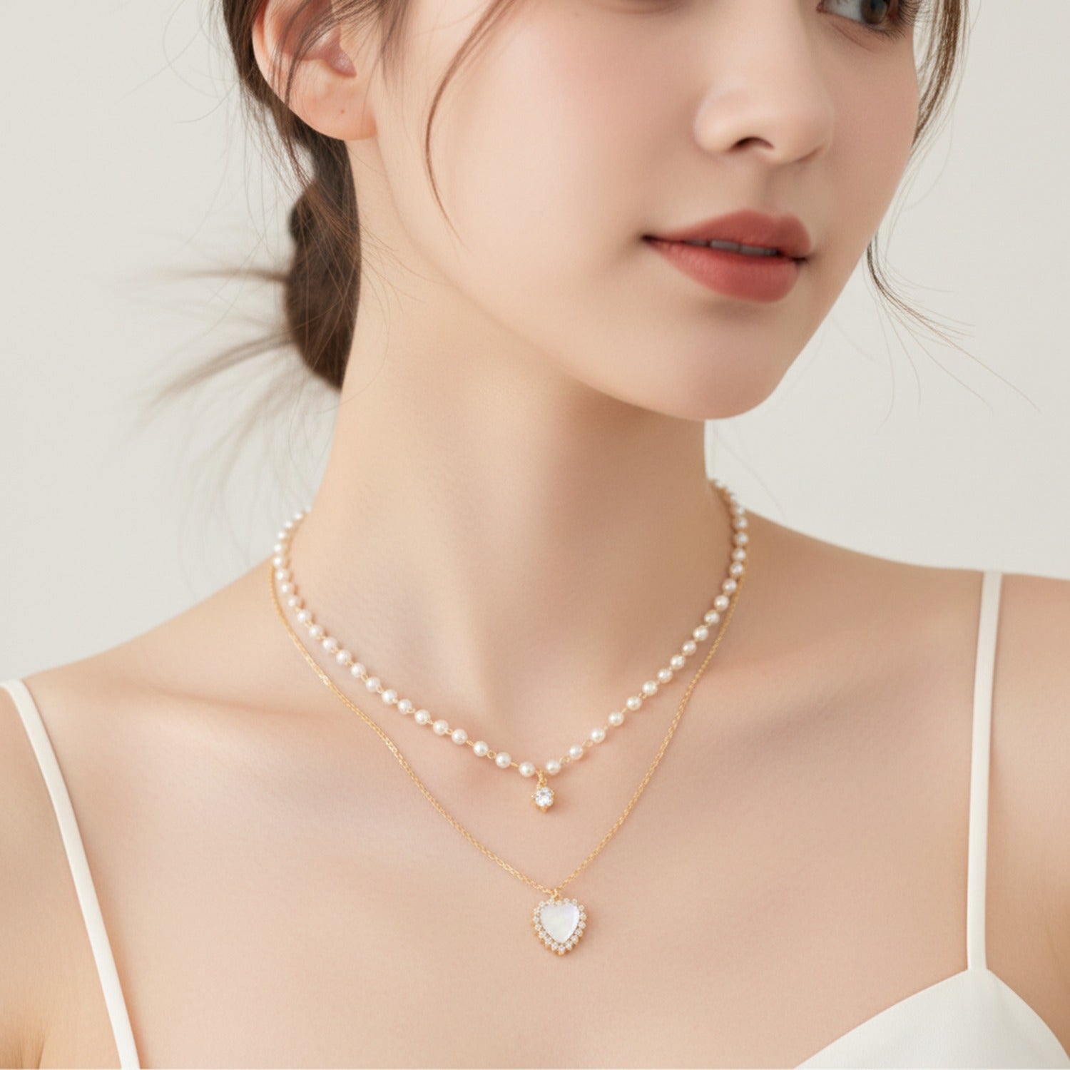 Double Strand Pearl Necklace with Rhinestone Pendant