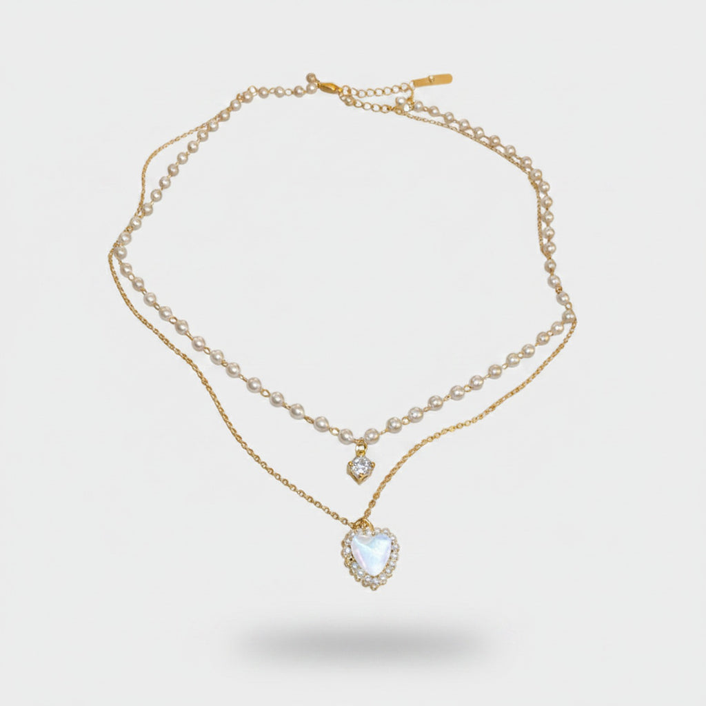 Double Strand Pearl Necklace with Rhinestone Pendant - Gold Necklace #8 (Real Gold Plating) – jewelry (view 1)