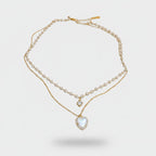 Double Strand Pearl Necklace with Rhinestone Pendant - Gold Necklace #8 (Real Gold Plating) – jewelry (view 1)