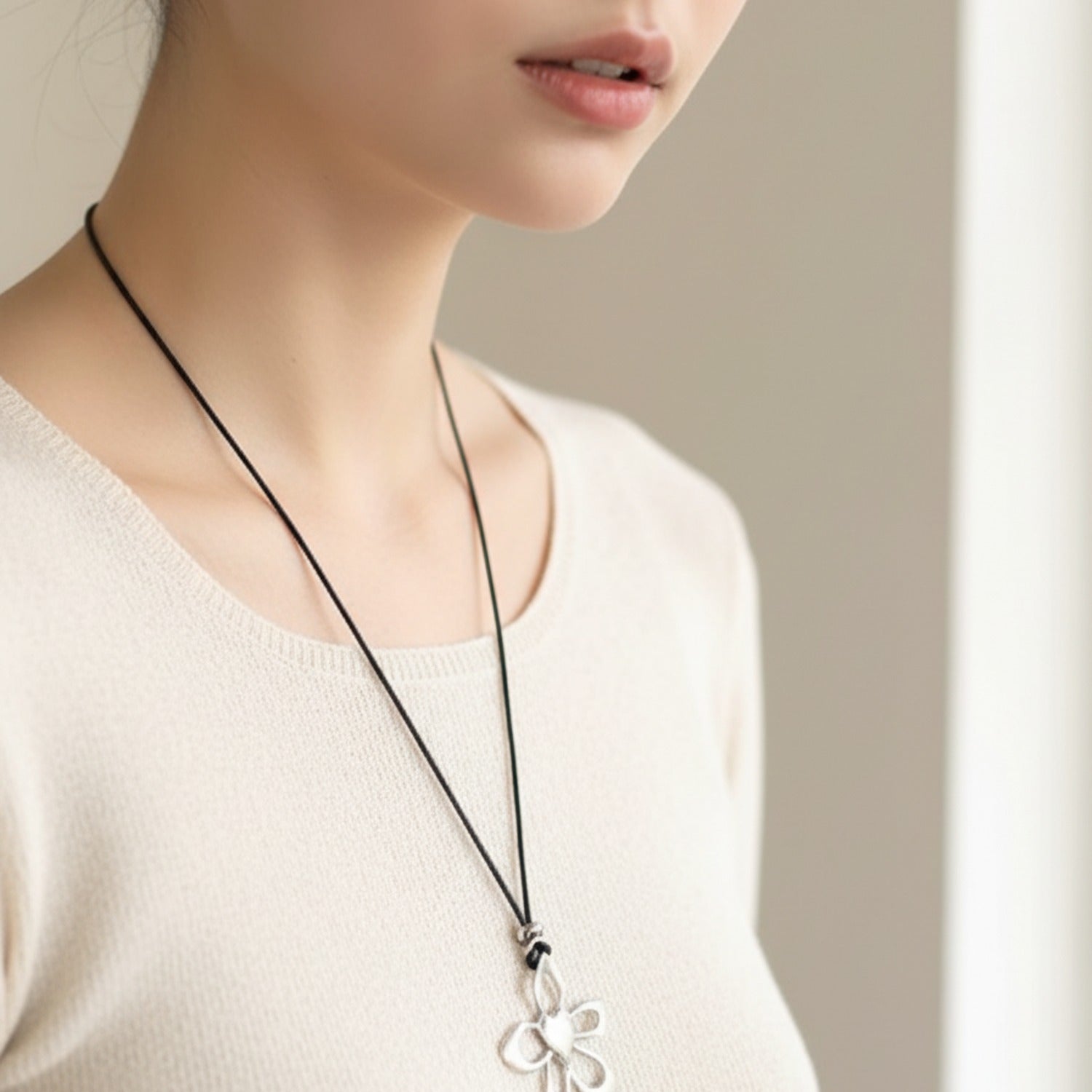 Silver Flower Pearl Pendant Cord Necklace