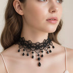 Black Lace Choker Necklace With Beaded Drops