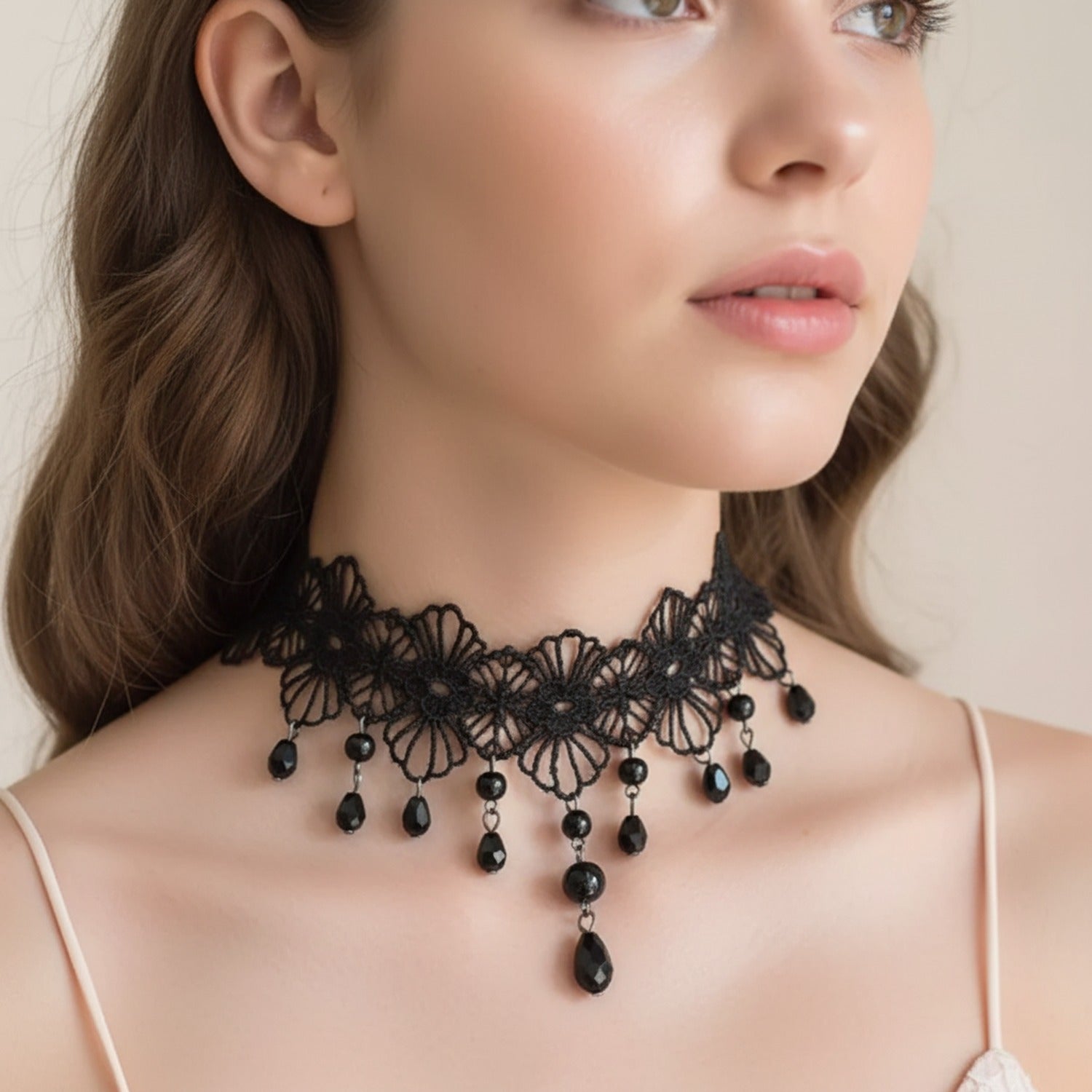 Black Lace Choker Necklace With Beaded Drops