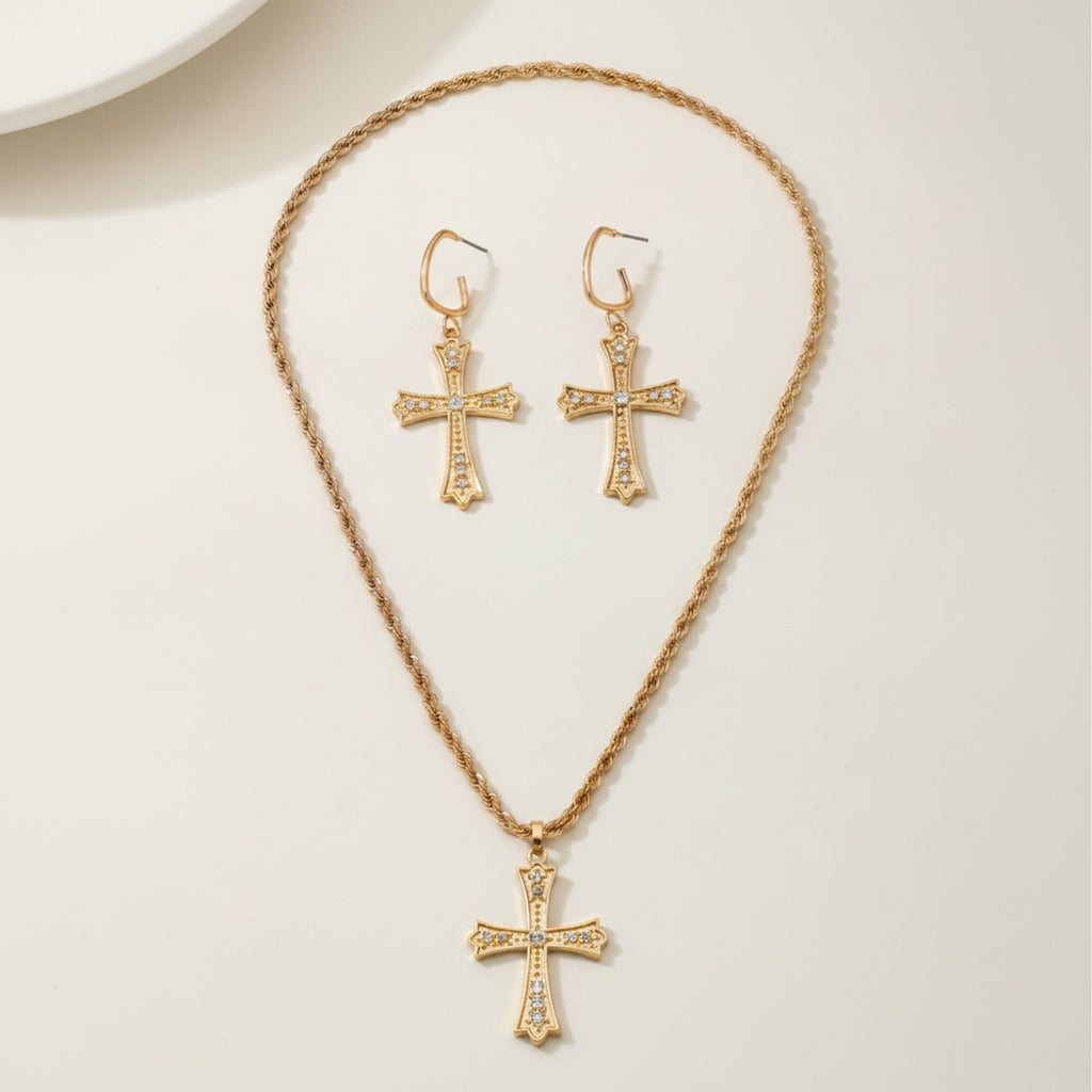 Gold Cross Rhinestone Necklace And Earring Set