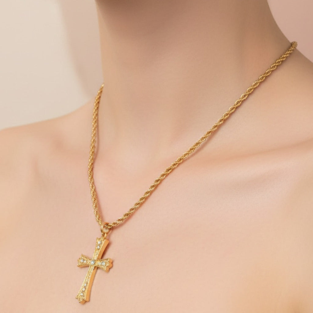 Gold Cross Rhinestone Necklace And Earring Set