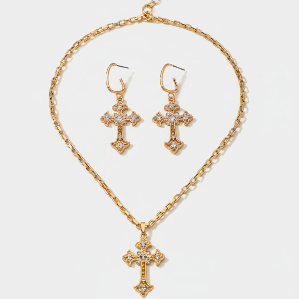 Gold Cross Rhinestone Pendant Necklace Earring Set