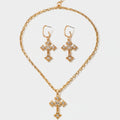 Gold Cross Rhinestone Pendant Necklace Earring Set