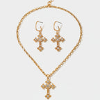Gold Cross Rhinestone Pendant Necklace Earring Set