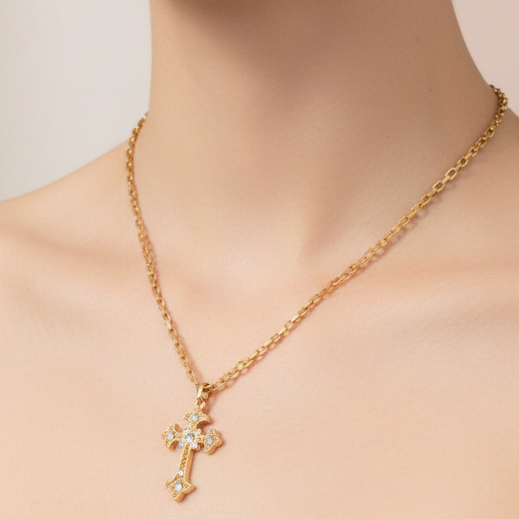 Gold Cross Rhinestone Pendant Necklace Earring Set