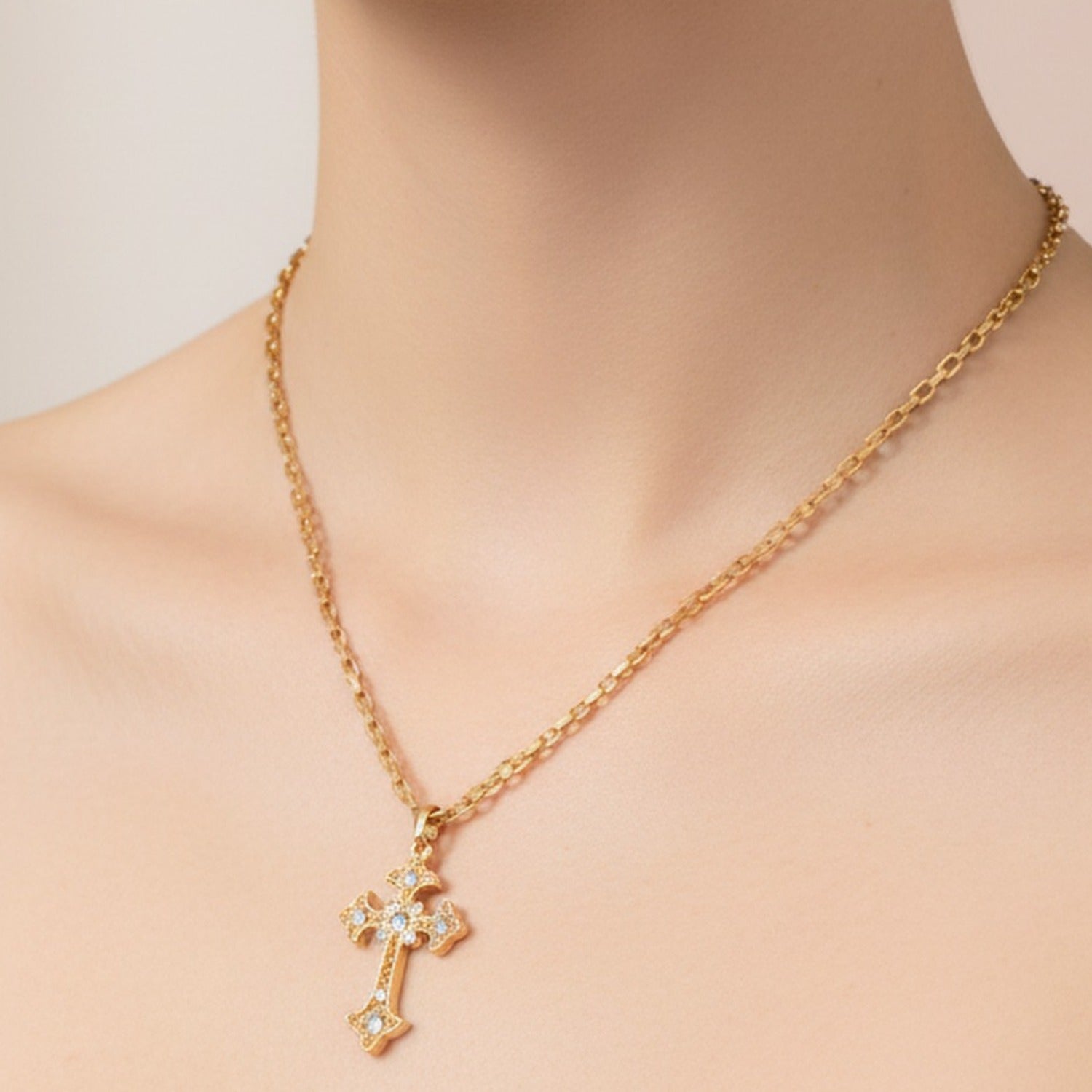 Gold Cross Rhinestone Pendant Necklace Earring Set