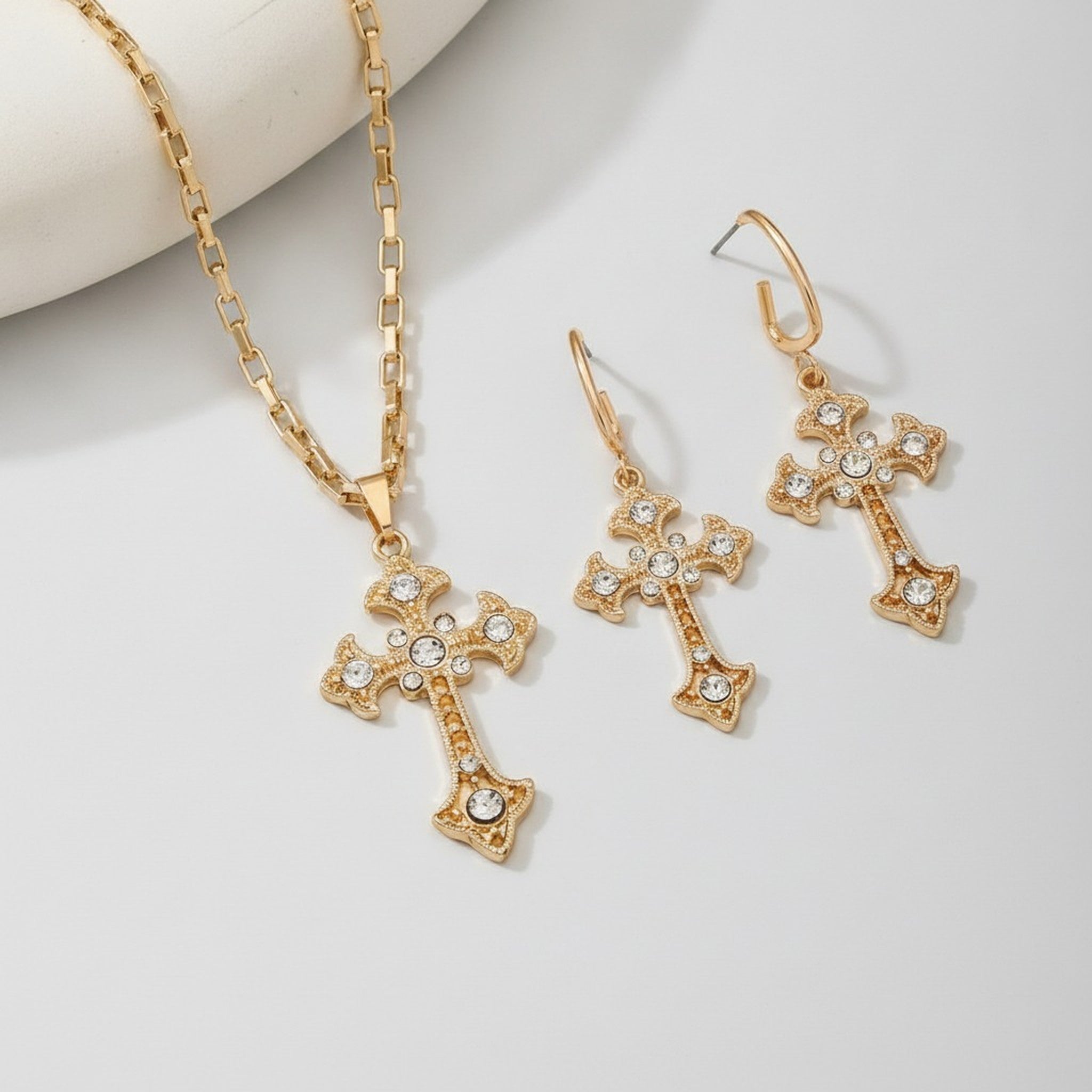 Gold Cross Rhinestone Pendant Necklace Earring Set – jewelry