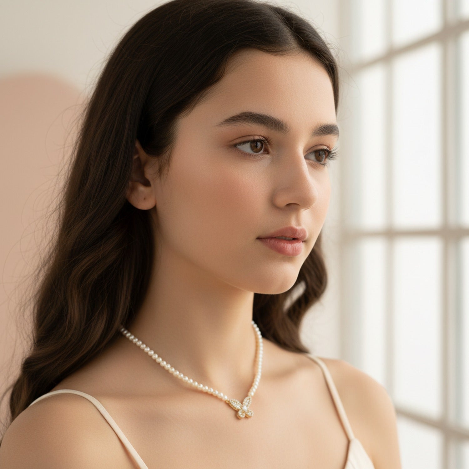 Pearl Necklace With Butterfly Charm Pendant