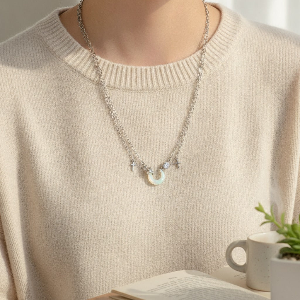 Silver Layered Moon Charm Necklace – jewelry (view 2)