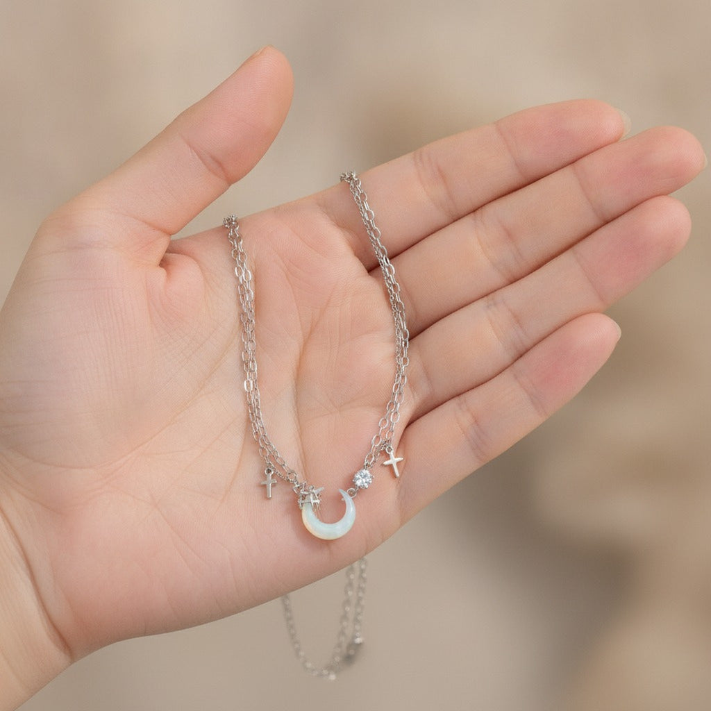 Silver Layered Moon Charm Necklace – jewelry (view 3)