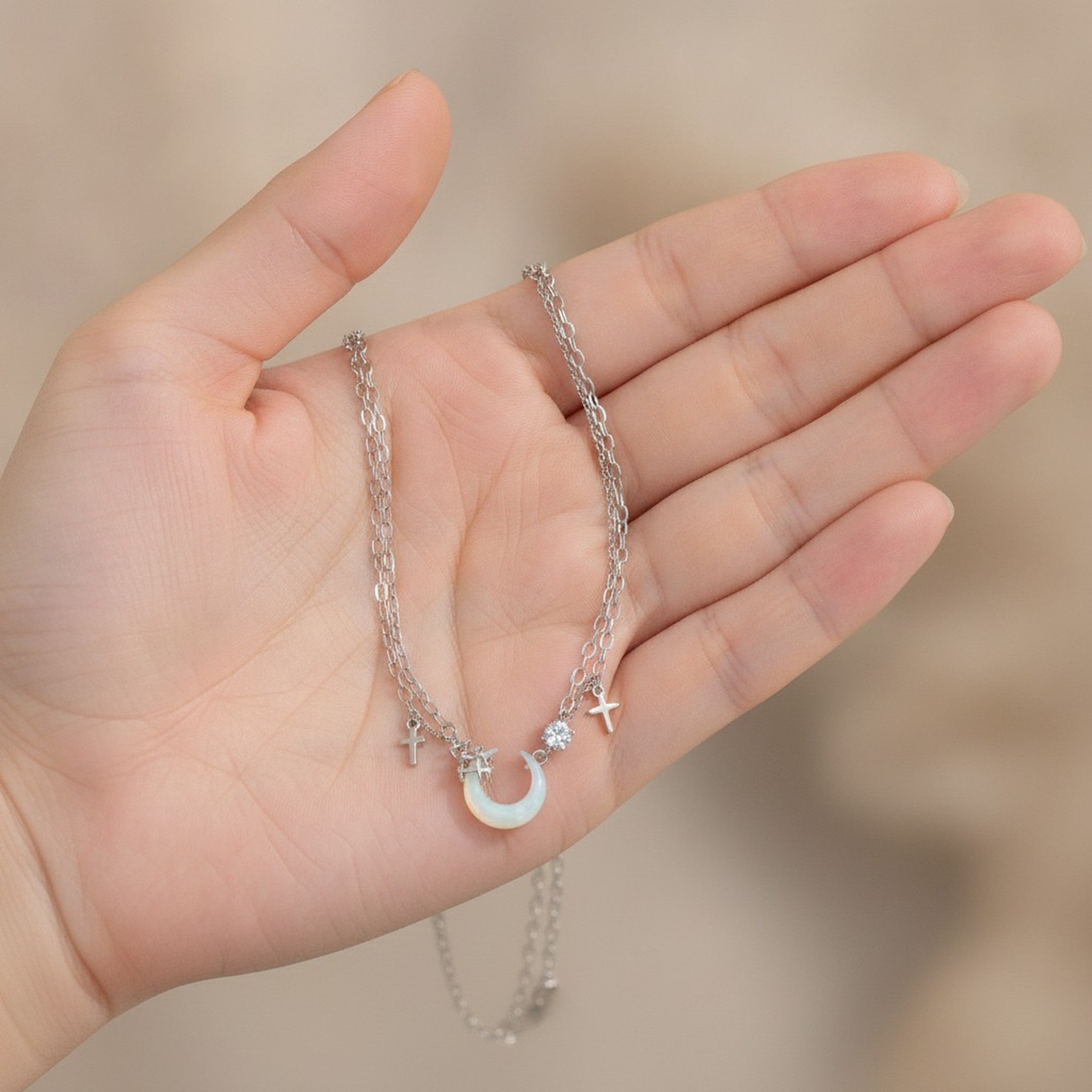 Silver Layered Moon Charm Necklace – jewelry (view 3)