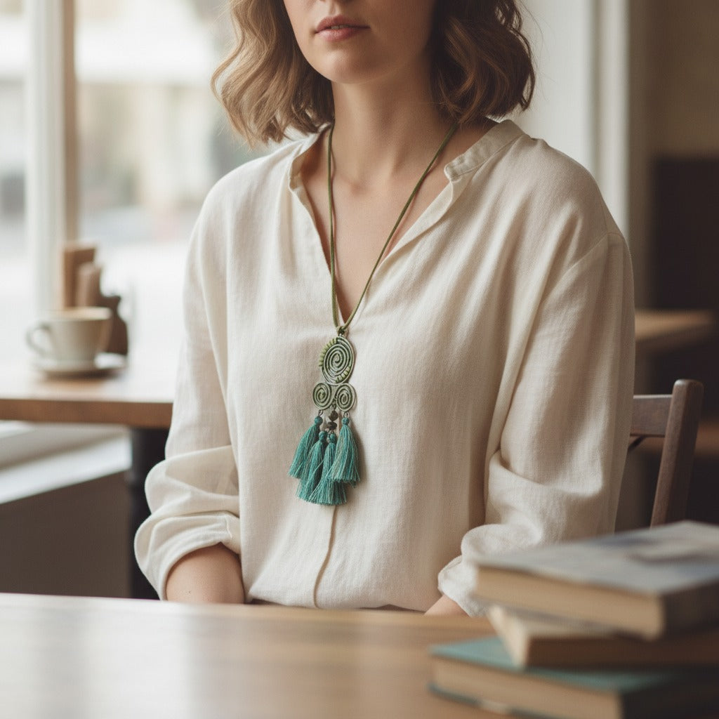 Boho Spiral Tassel Pendant Cord Necklace – jewelry (view 2)