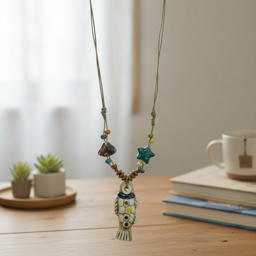 Colorful Ceramic Fish Cord Necklace – jewelry (view 2)