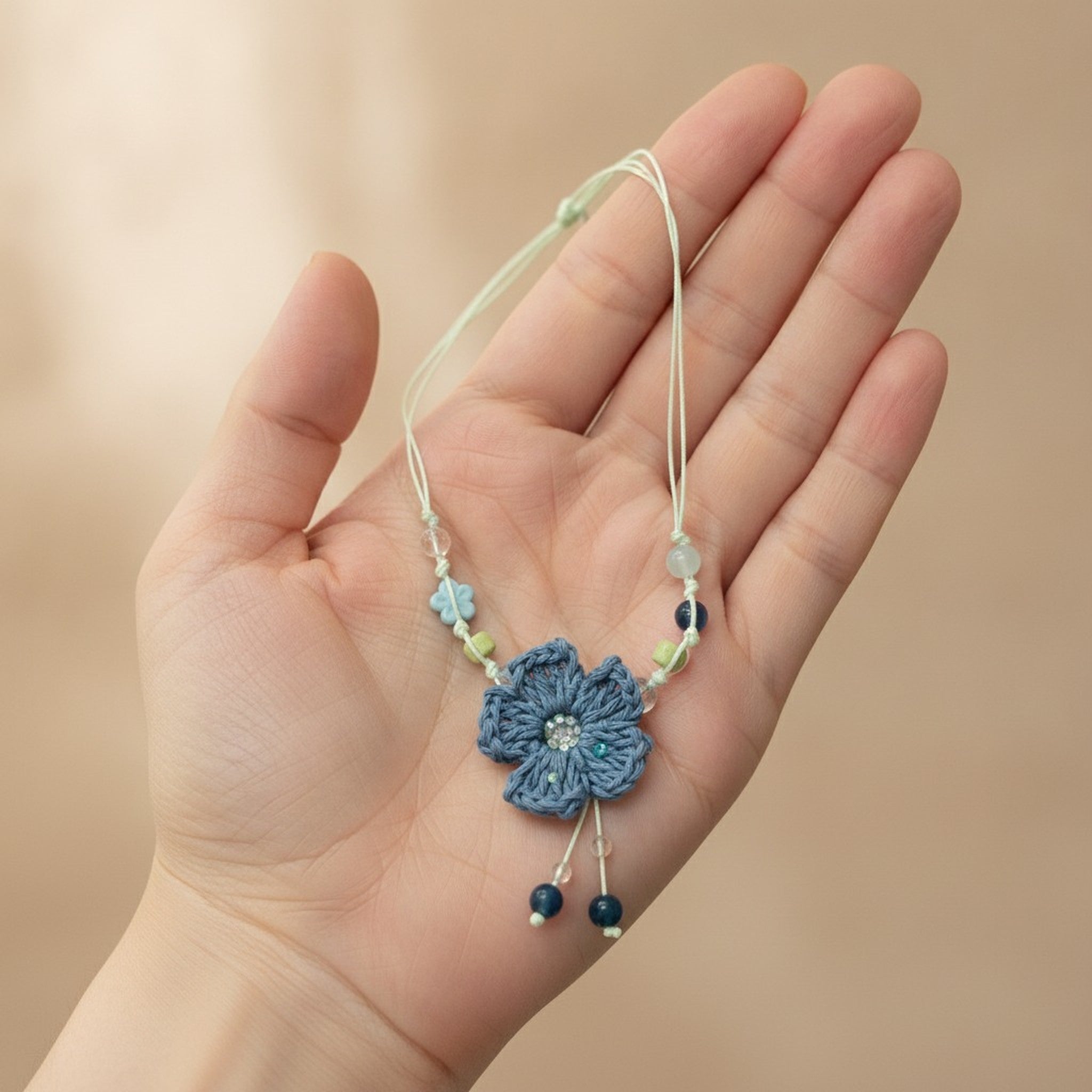 Handmade Crocheted Flower Beaded Necklace – jewelry (view 3)