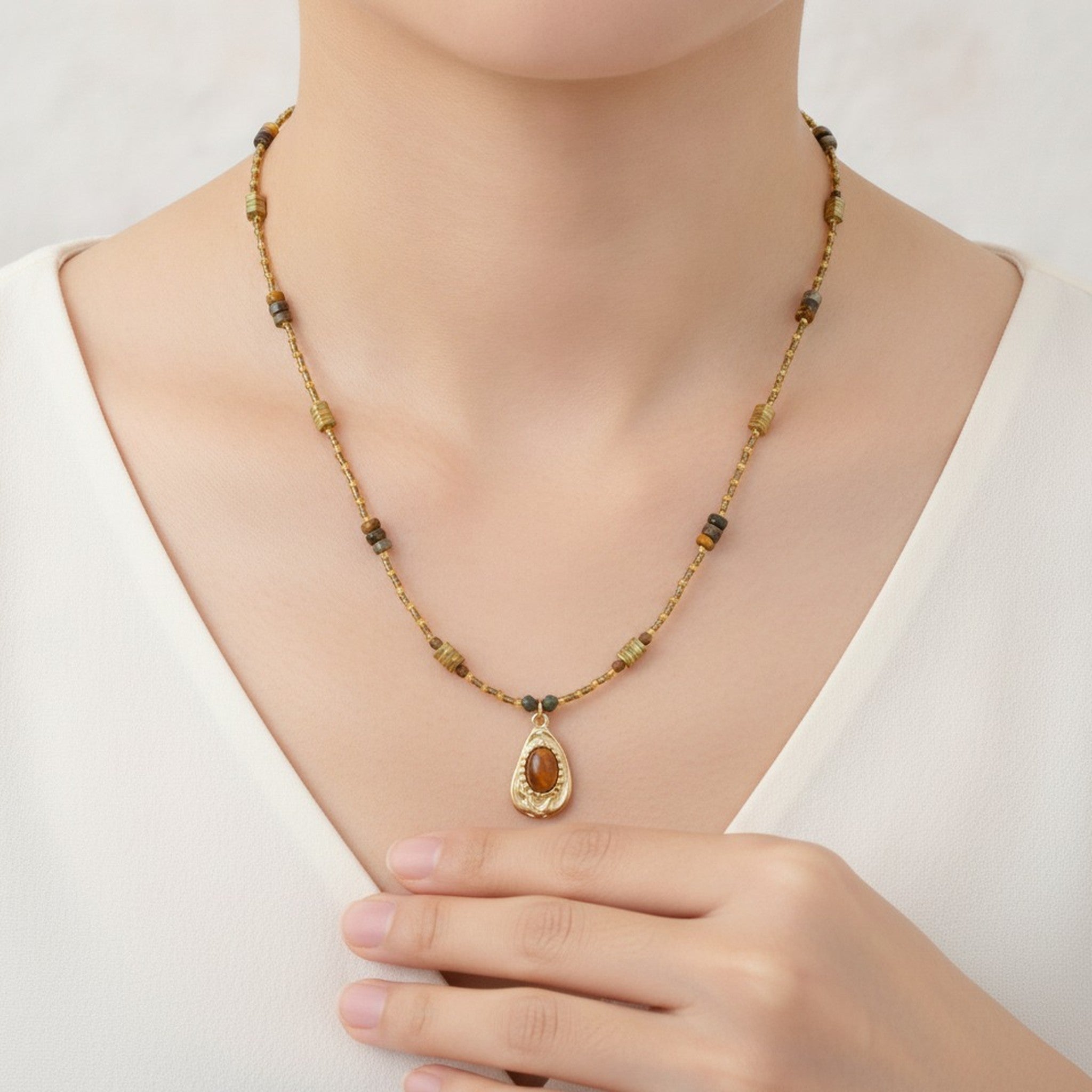 Gold Beaded Pendant Necklace – jewelry (view 6)