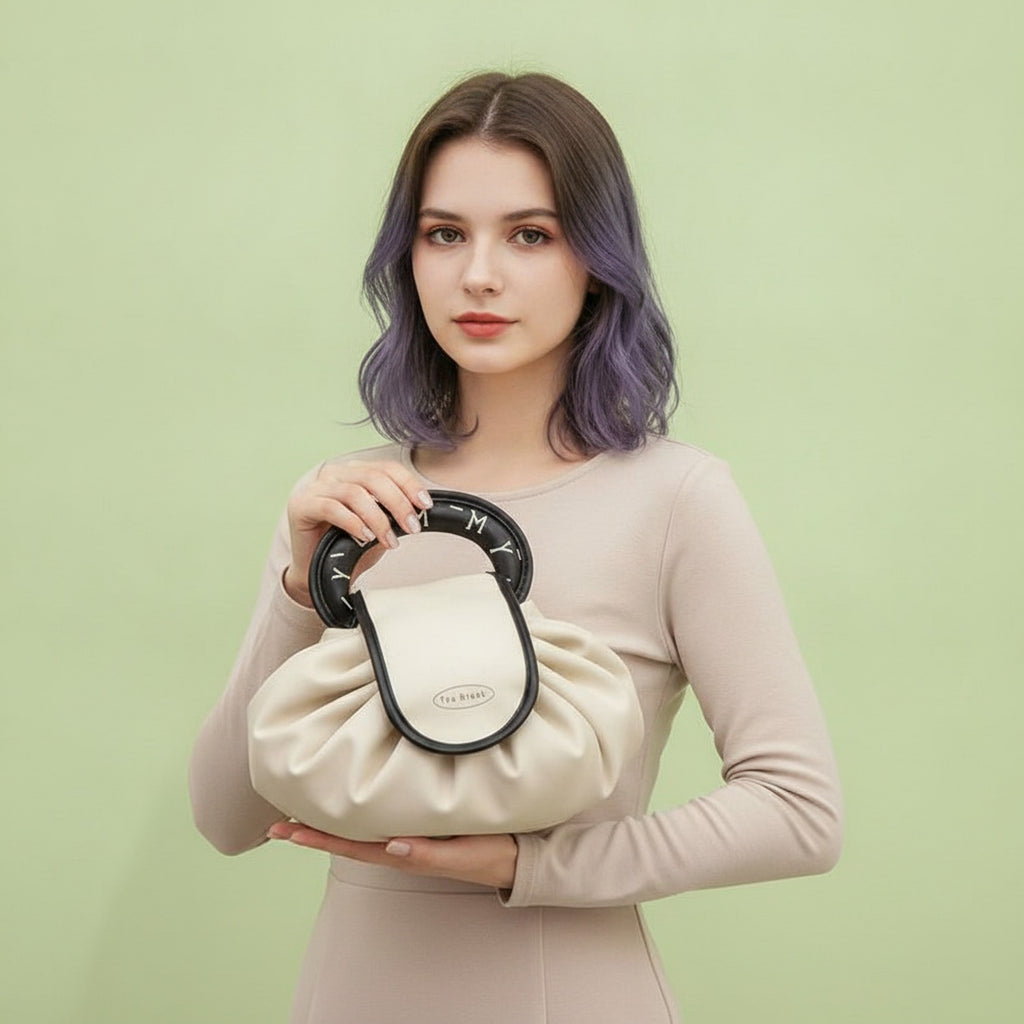 Pleated Cosmetic Bag with Roman Numeral Mirror - Cream White – bags & wallets (view 2)