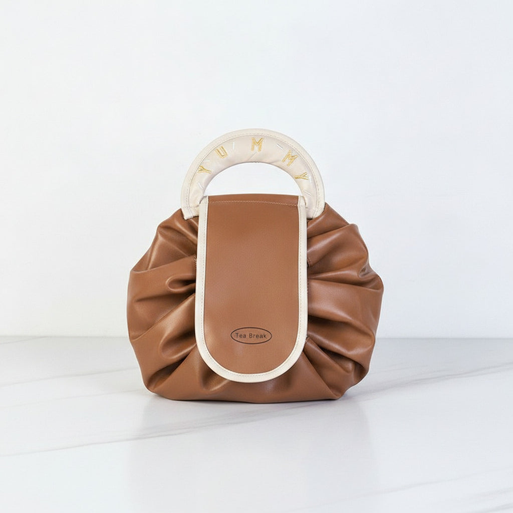 Pleated Cosmetic Bag with Roman Numeral Mirror - Khaki