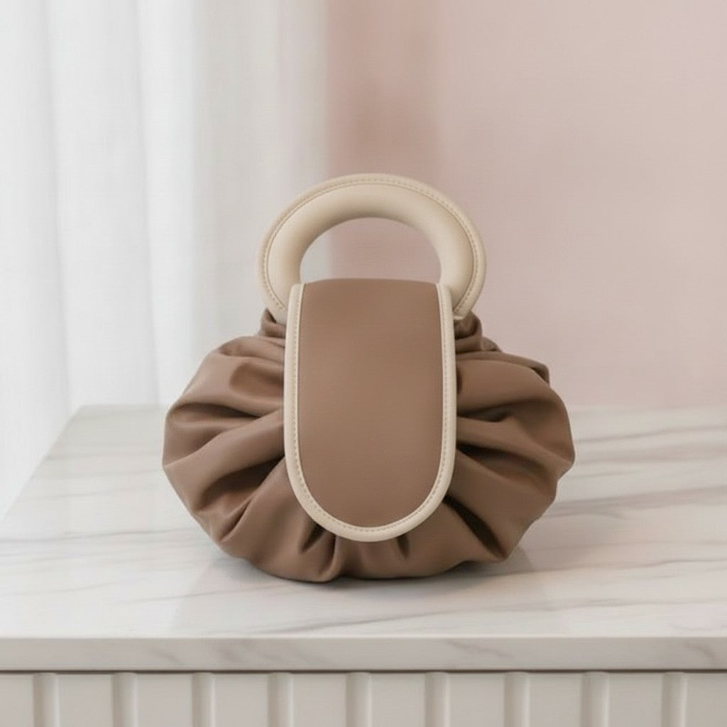 Pleated Cosmetic Bag with Roman Numeral Mirror - Khaki