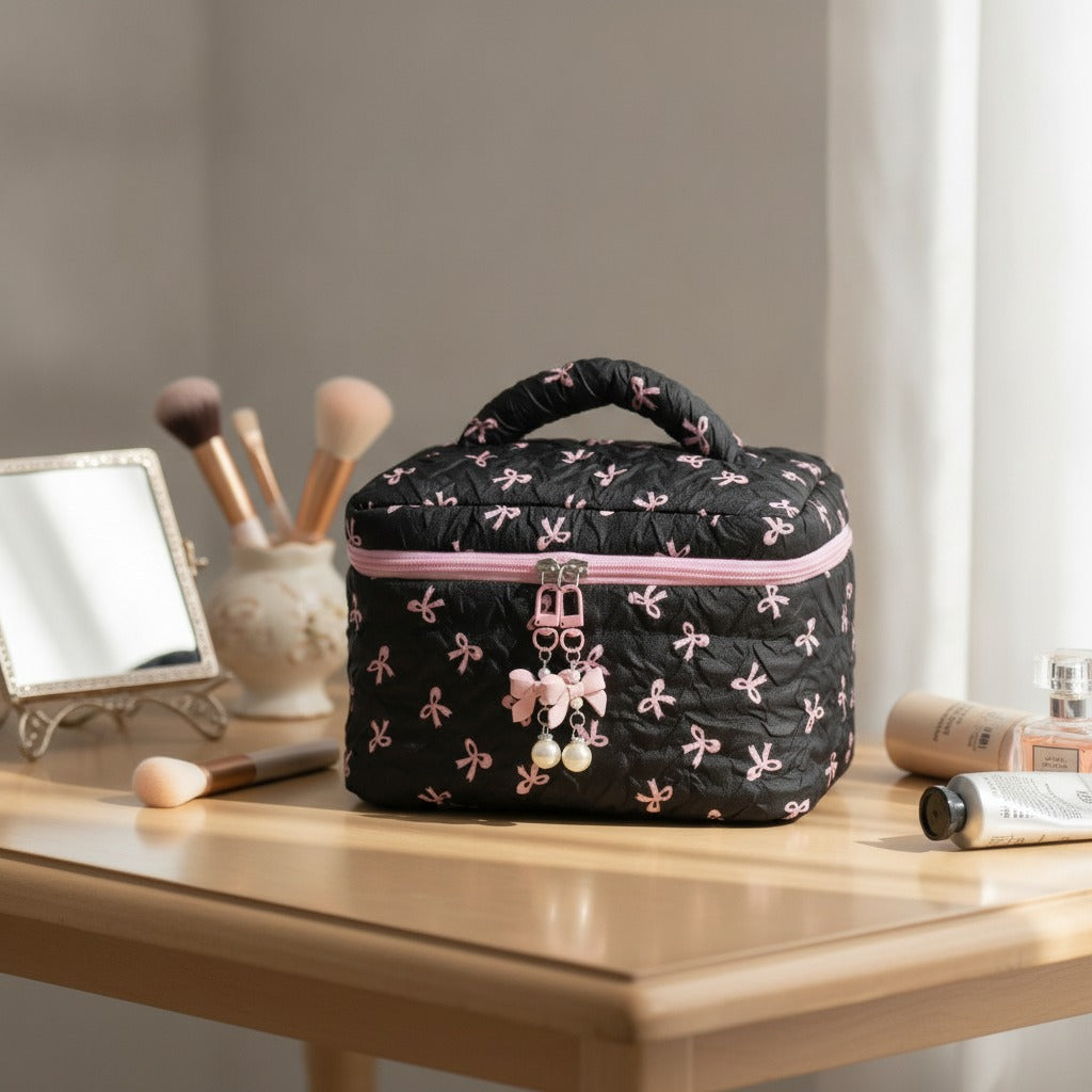 Quilted Bow Barrel Cosmetic Bag – bags & wallets (view 3)