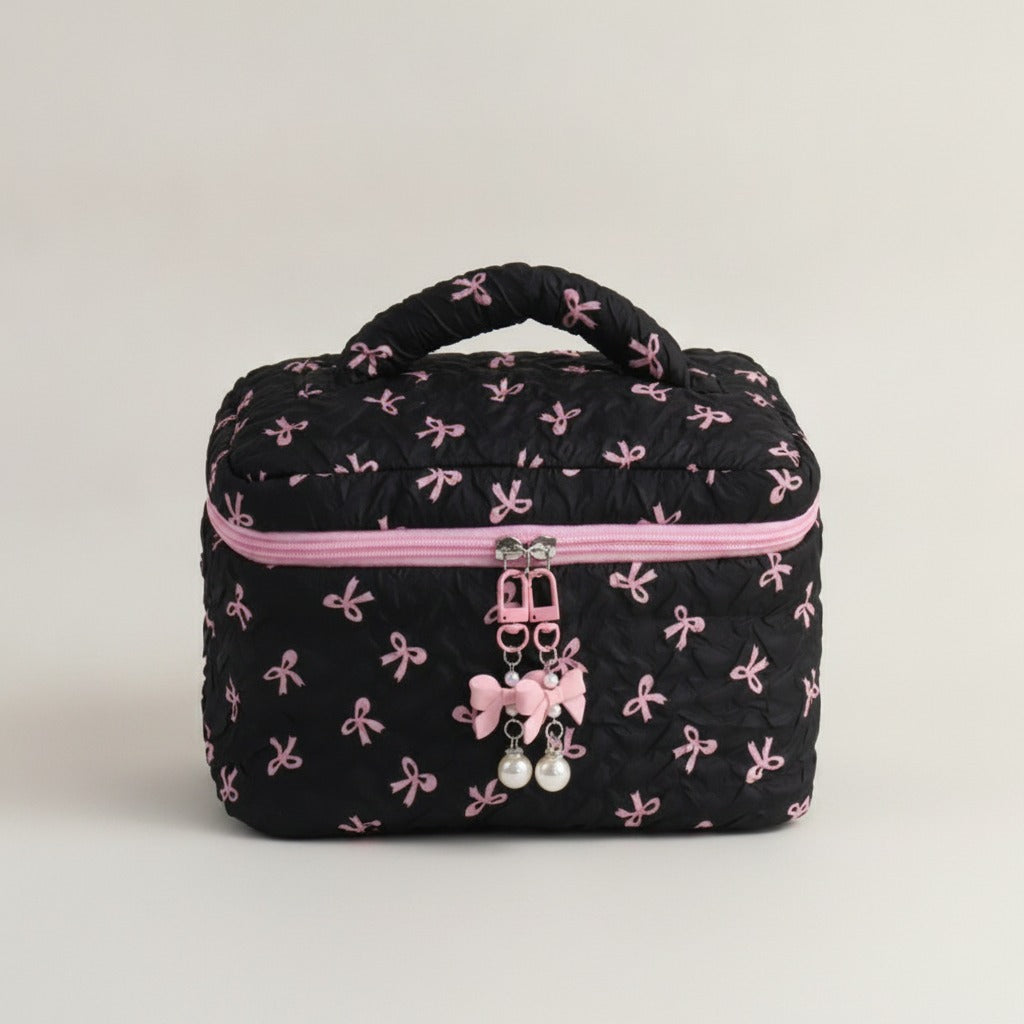 Quilted Bow Barrel Cosmetic Bag – bags & wallets (view 1)