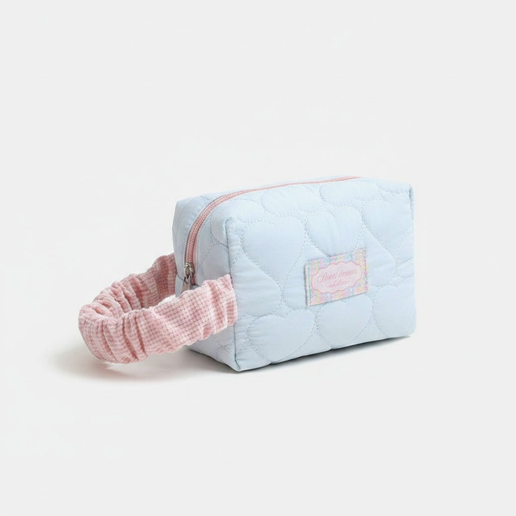 Quilted Cosmetic Bag With Scrunchie - Blue Large