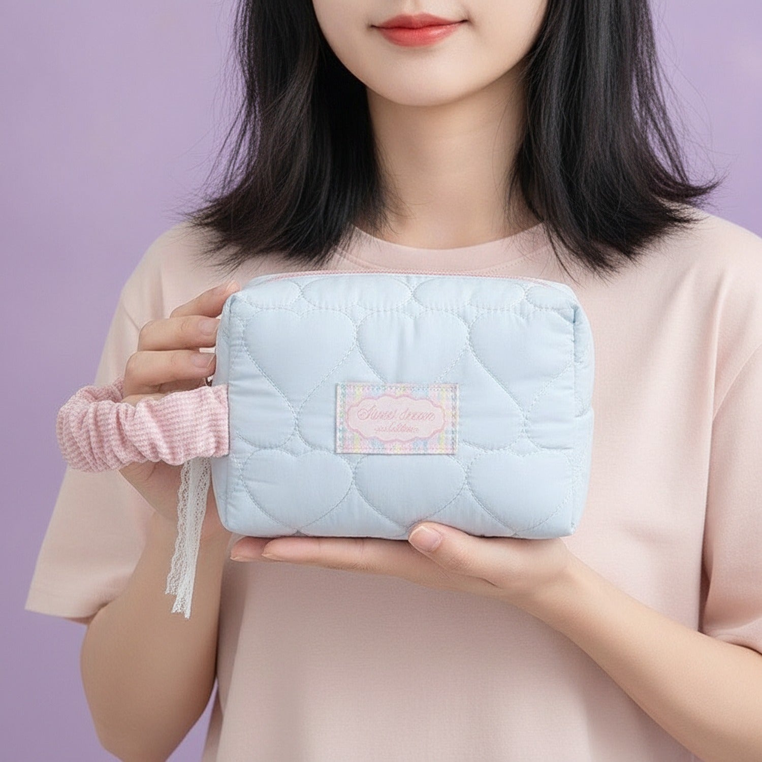 Quilted Cosmetic Bag With Scrunchie - Blue Large