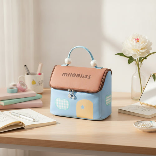 Blue Cosmetic Bag With Pearl Handle Details