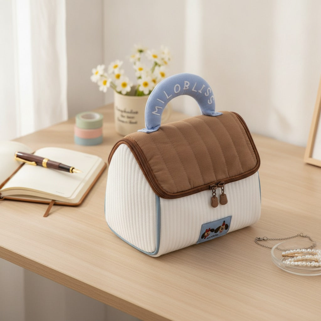 Quilted Cream & Brown Cosmetic Bag with Blue Handle