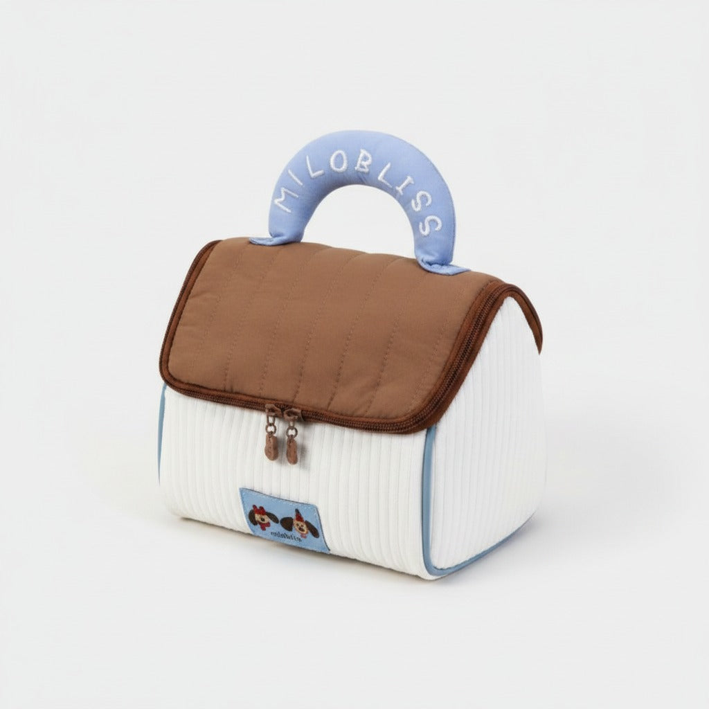 Quilted Cream & Brown Cosmetic Bag with Blue Handle