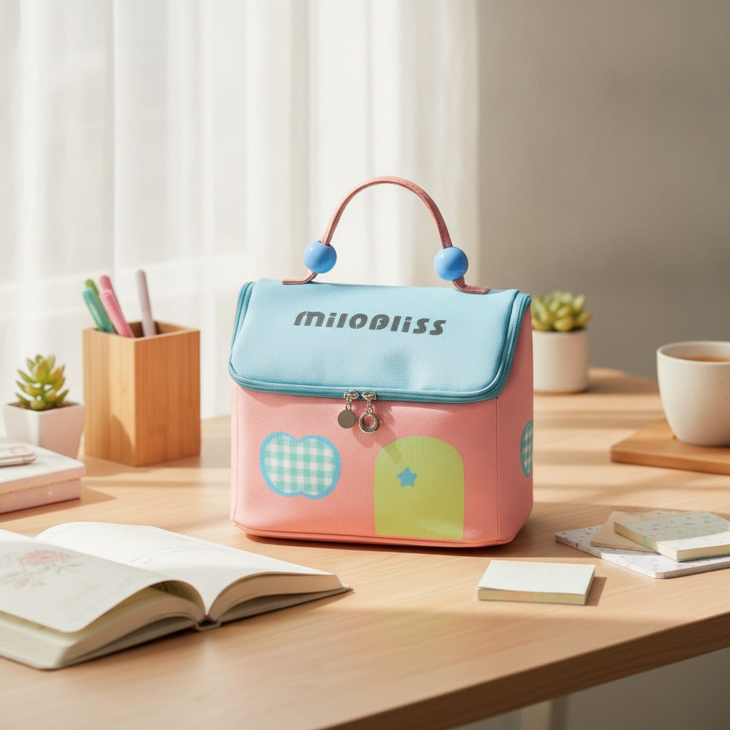 Cute Pink Toiletry Bag With Blue Beaded Handles